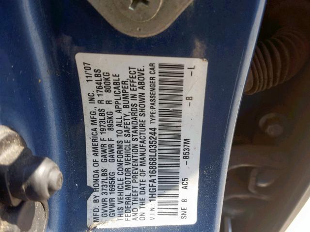 1HGFA16868L035244 - 2008 HONDA CIVIC EX BLUE photo 10