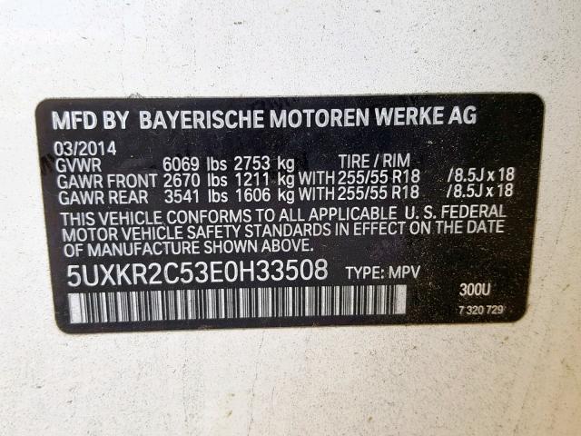 5UXKR2C53E0H33508 - 2014 BMW X5 SDRIVE3 WHITE photo 10