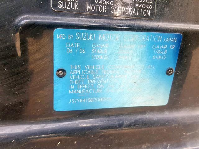 JS2YB413875100959 - 2007 SUZUKI SX4 BLACK photo 10