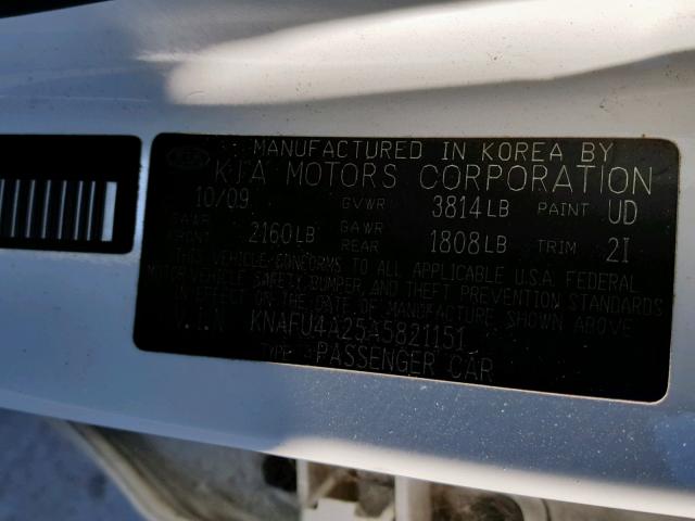 KNAFU4A25A5821151 - 2010 KIA FORTE EX WHITE photo 10