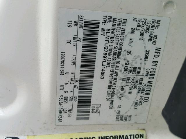 5LMFU27597LJ14883 - 2007 LINCOLN NAVIGATOR 白色 照片 10