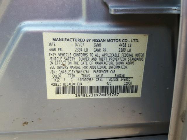 1N4BL21EX7N495767 - 2007 NISSAN ALTIMA 3.5 SILVER photo 10