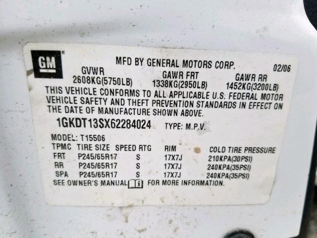 1GKDT13SX62284024 - 2006 GMC ENVOY WHITE photo 10