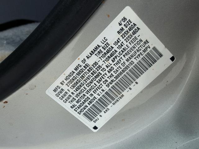 5FNRL38896B095193 - 2006 HONDA ODYSSEY TO SILVER photo 10