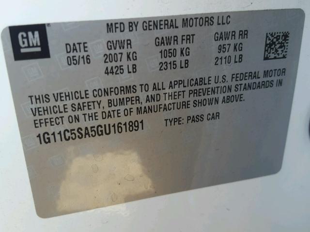 1G11C5SA5GU161891 - 2016 CHEVROLET MALIBU LIM WHITE photo 10