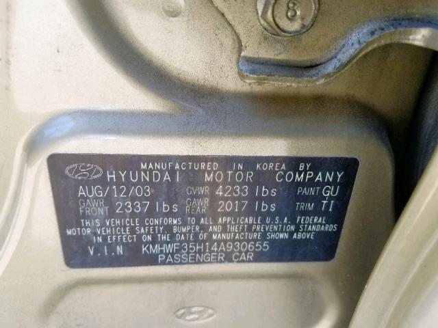 KMHWF35H14A930655 - 2004 HYUNDAI SONATA GLS  photo 10