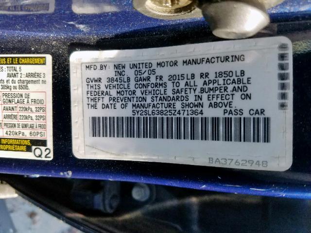 5Y2SL63825Z471364 - 2005 PONTIAC VIBE BLUE photo 10