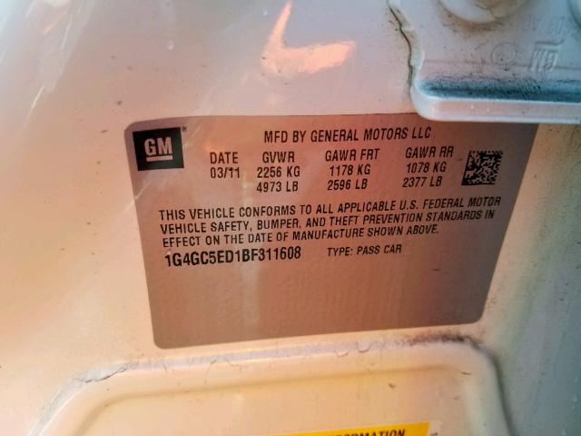 1G4GC5ED1BF311608 - 2011 BUICK LACROSSE C WHITE photo 10