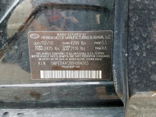 5NPEB4AC8BH084283 - 2011 HYUNDAI SONATA GLS BLACK photo 10