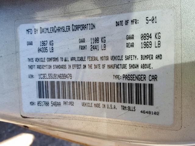 1C3EL55U91N699479 - 2001 CHRYSLER SEBRING LX SILVER photo 10