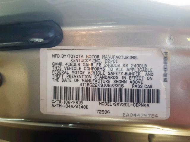 4T1BG22K91U822316 - 2001 TOYOTA CAMRY CE SILVER photo 10