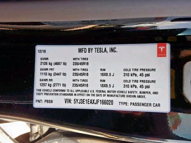 5YJ3E1EAXJF166020 - 2018 TESLA MODEL 3 BLACK photo 10