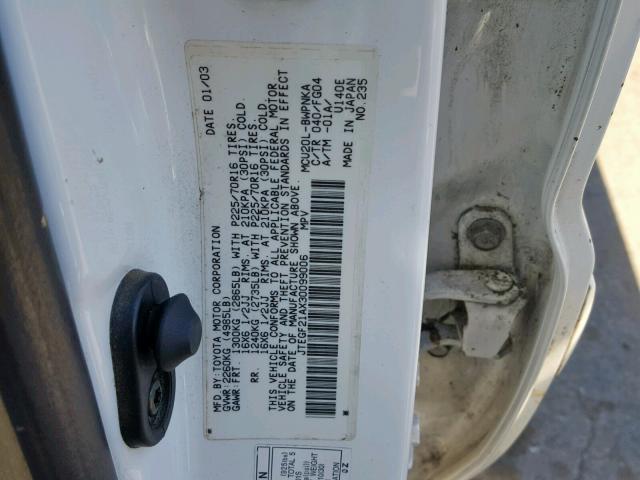 JTEGF21AX30099006 - 2003 TOYOTA HIGHLANDER WHITE photo 10