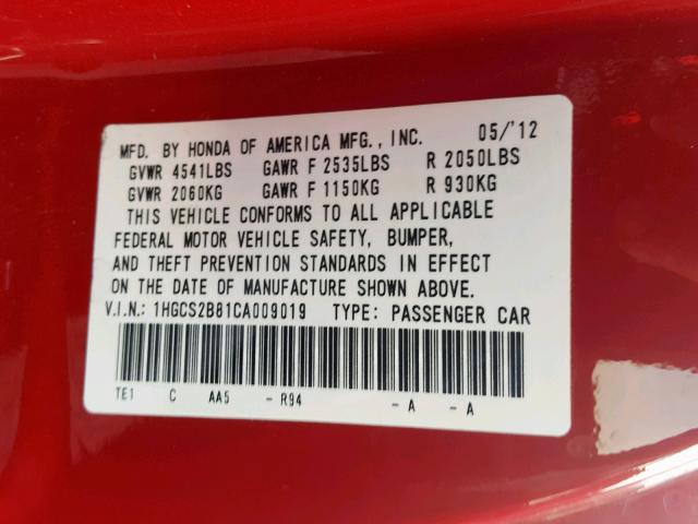 1HGCS2B81CA009019 - 2012 HONDA ACCORD EXL RED photo 10