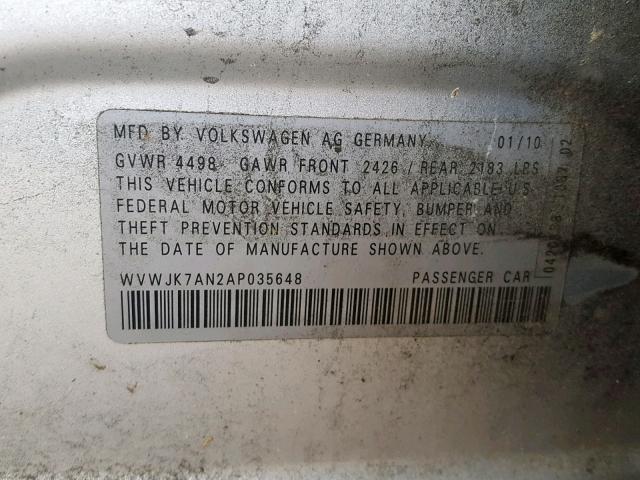 WVWJK7AN2AP035648 - 2010 VOLKSWAGEN PASSAT KOM SILVER photo 10