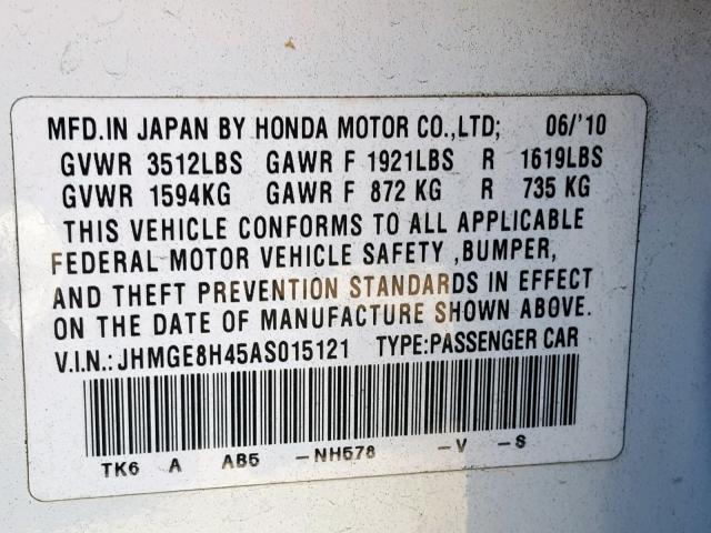 JHMGE8H45AS015121 - 2010 HONDA FIT SPORT WHITE photo 10