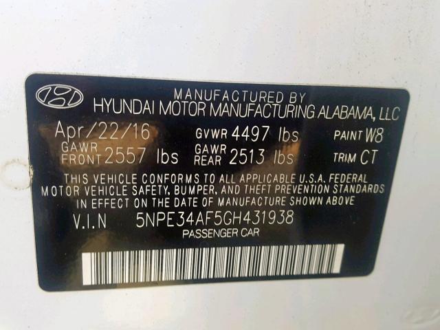 5NPE34AF5GH431938 - 2016 HYUNDAI SONATA SPO GRAY photo 10