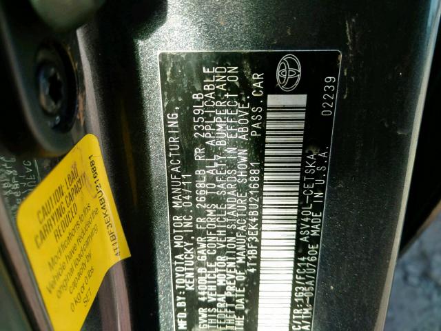 4T1BF3EK4BU216881 - 2011 TOYOTA CAMRY BASE GRAY photo 10