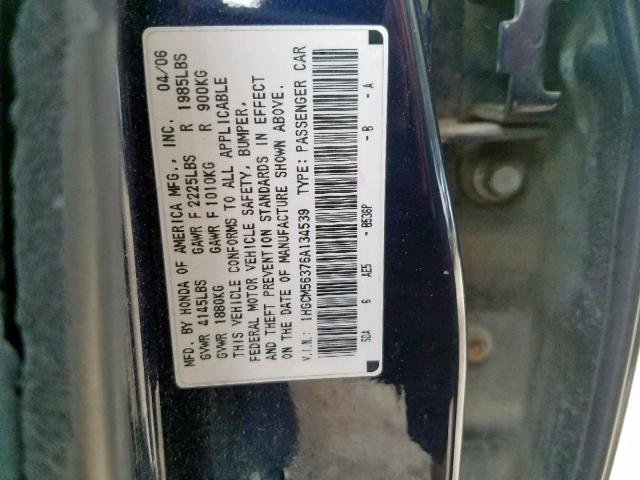 1HGCM56376A134539 - 2006 HONDA ACCORD SE BLUE photo 10