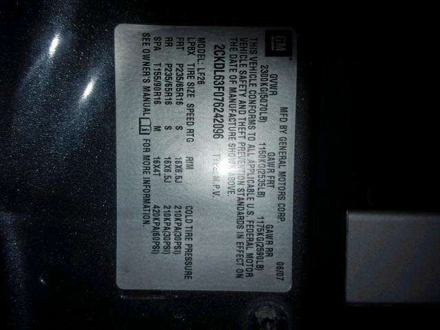 2CKDL63F076242096 - 2007 PONTIAC TORRENT GRAY photo 10