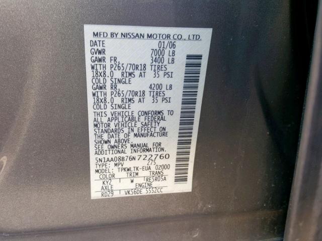 5N1AA08B76N722760 - 2006 NISSAN ARMADA SE GRAY photo 10