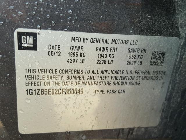 1G1ZB5E02CF350649 - 2012 CHEVROLET MALIBU LS ნაცრისფერი ფოტო 10