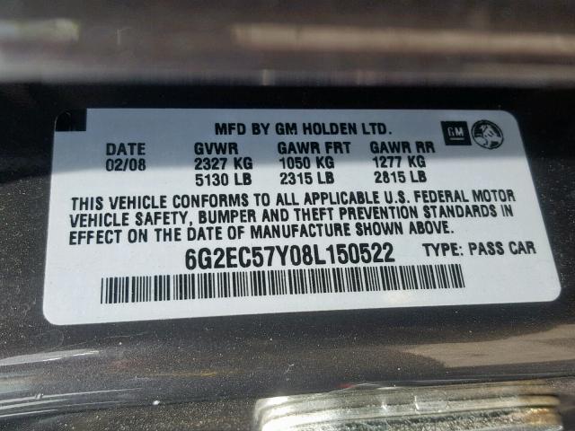 6G2EC57Y08L150522 - 2008 PONTIAC G8 GT GRAY photo 10