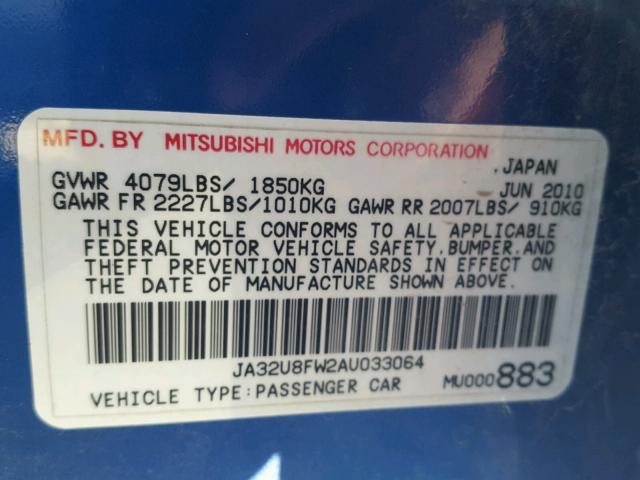 JA32U8FW2AU033064 - 2010 MITSUBISHI LANCER GTS BLUE photo 10