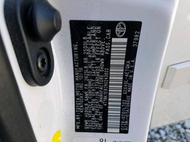 4T1BK1EB2HU243022 - 2017 TOYOTA AVALON XLE WHITE photo 10