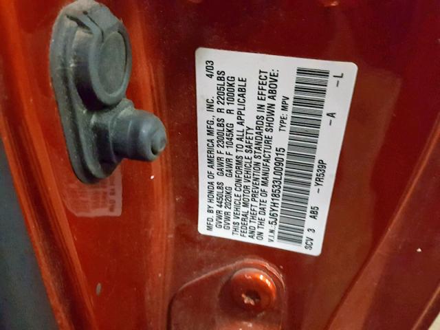 5J6YH18533L009015 - 2003 HONDA ELEMENT EX ORANGE photo 10