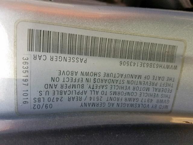 WVWYH63B63E143506 - 2003 VOLKSWAGEN PASSAT GLX 银色 照片 10