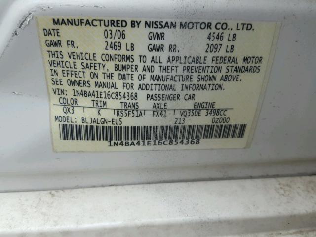 1N4BA41E16C854368 - 2006 NISSAN MAXIMA SE WHITE photo 10