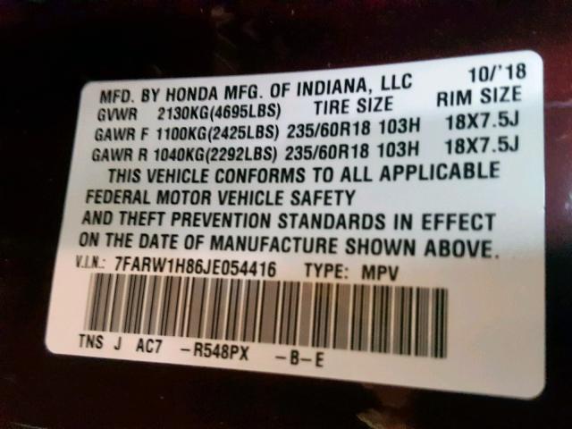 7FARW1H86JE054416 - 2018 HONDA CR-V EXL BURGUNDY photo 10