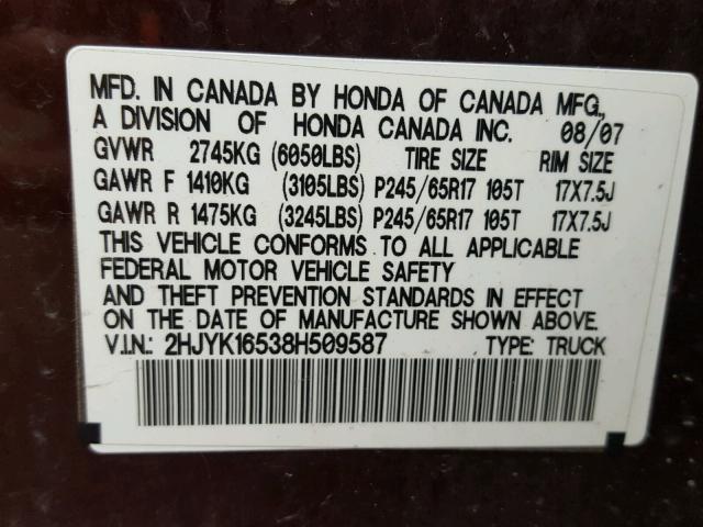 2HJYK16538H509587 - 2008 HONDA RIDGELINE BURGUNDY photo 10