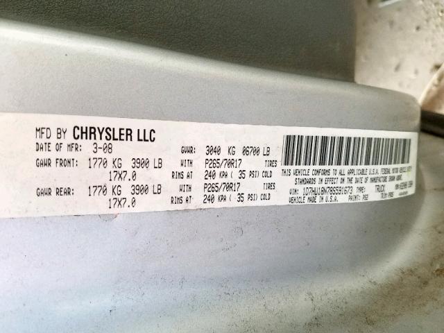 1D7HU18N78S591673 - 2008 DODGE RAM 1500 S GRAY photo 10