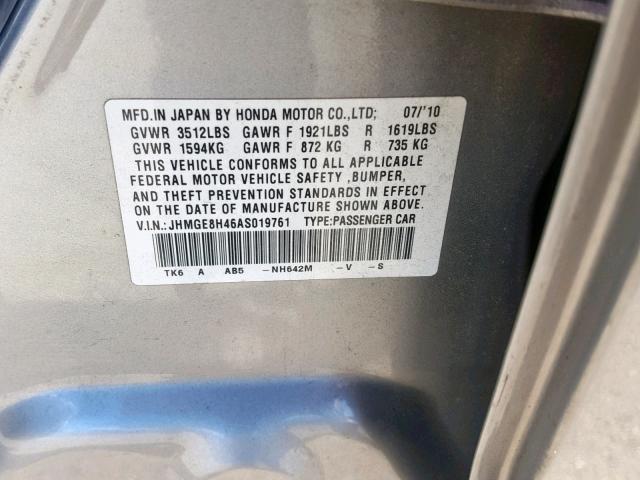 JHMGE8H46AS019761 - 2010 HONDA FIT SPORT GRAY photo 10