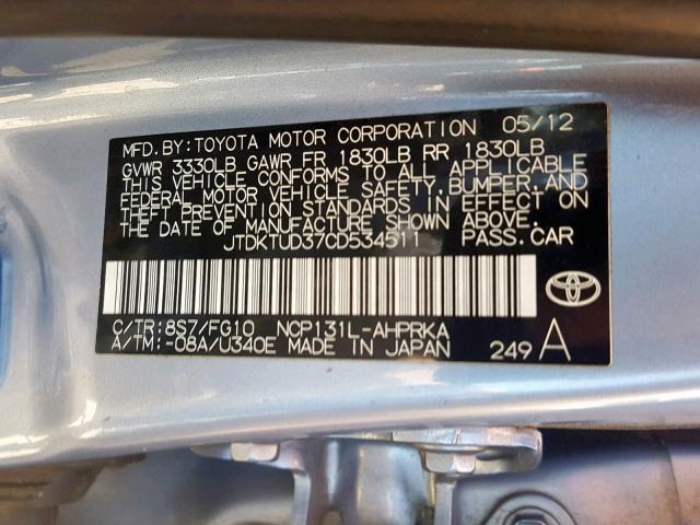 JTDKTUD37CD534511 - 2012 TOYOTA YARIS SILVER photo 10