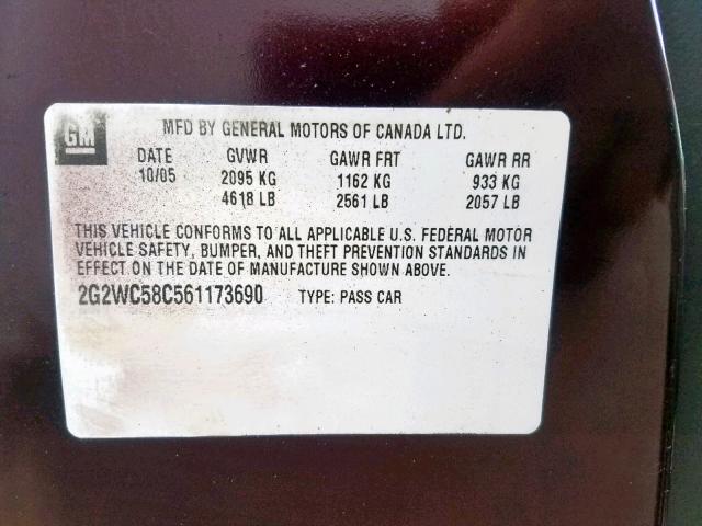 2G2WC58C561173690 - 2006 PONTIAC GRAND PRIX PURPLE photo 10