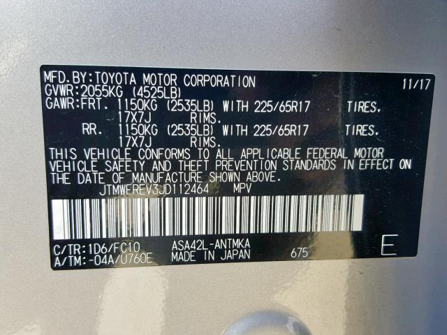 JTMWFREV3JD112464 - 2018 TOYOTA RAV4 ADVEN SILVER photo 10