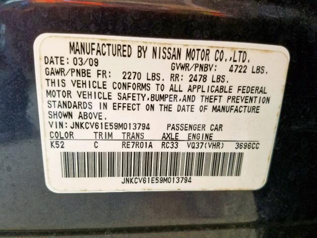 JNKCV61E59M013794 - 2009 INFINITI G37 BASE BLUE photo 10