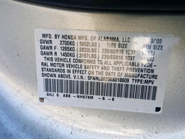 5FNRL38296B018609 - 2006 HONDA ODYSSEY LX SILVER photo 10