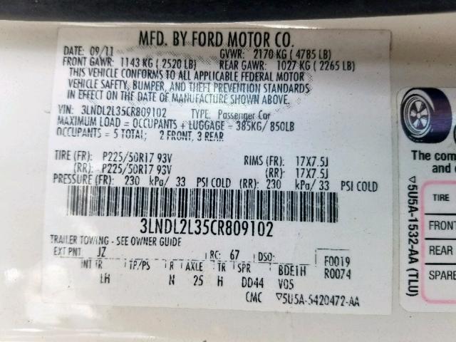 3LNDL2L35CR809102 - 2012 LINCOLN MKZ HYBRID WHITE photo 10