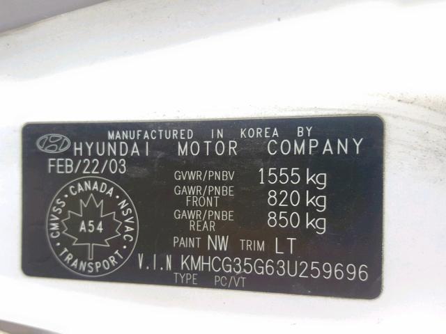 KMHCG35G63U259696 - 2003 HYUNDAI ACCENT BAS WHITE photo 10