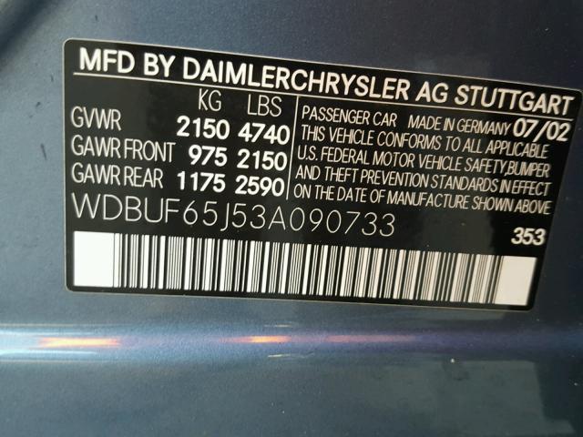 WDBUF65J53A090733 - 2003 MERCEDES-BENZ E 320 BLUE photo 9