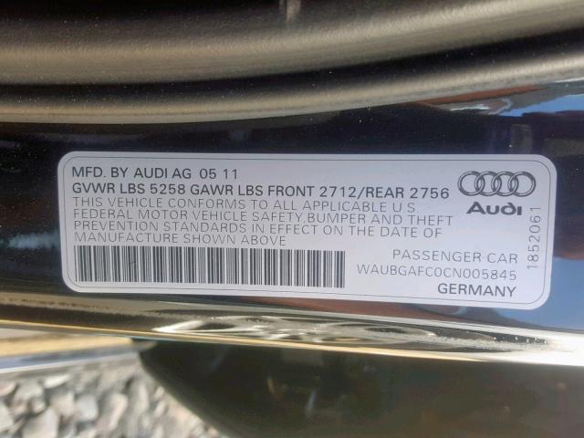 WAUBGAFC0CN005845 - 2012 AUDI A6 BLACK photo 10