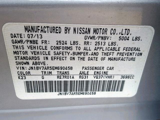 JN1BV7AR5EM690458 - 2014 INFINITI Q50 BASE SILVER photo 10