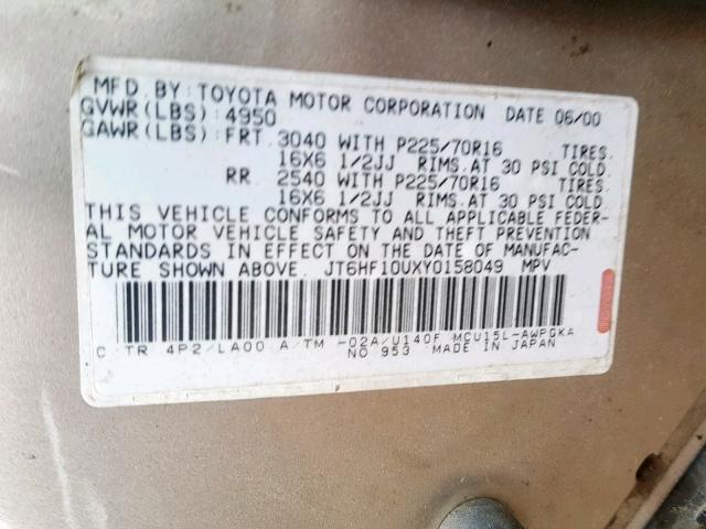 JT6HF10UXY0158049 - 2000 LEXUS RX 300 TAN photo 10