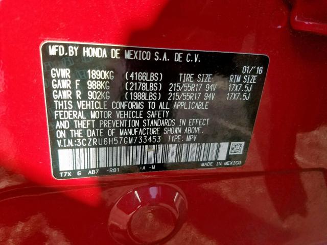 3CZRU6H57GM733453 - 2016 HONDA HR-V EX RED photo 10