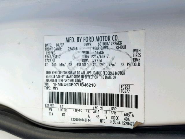 1FMEU63E07UB46210 - 2007 FORD EXPLORER X WHITE photo 10