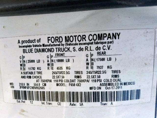 3FRNF6FC9BV052605 - 2011 FORD F650 SUPER WHITE photo 10